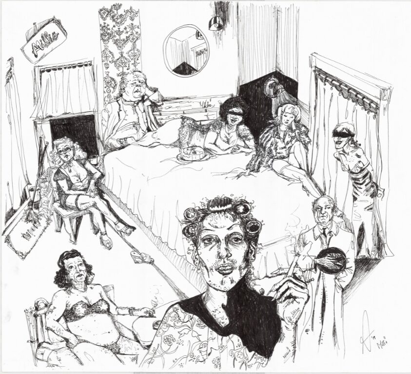 Schwarz-weiße Tuschezeichnung mit zahlreichen menschlichen Figuren in einem Zimmer mit Bett und Vorhängen. Im Zentrum steht eine Person mit Lockenwicklern, die direkt in die Bildmitte blickt und eine Zigarette hält. Im Hintergrund: Eine Gruppe von Frauen und Männern auf einem Bett, einige lässig, andere distanziert. Links sitzt eine ältere Frau in Unterwäsche, rechts ein Mann im Mantel und eine Person mit verbundenen Augen. Der Raum ist überfüllt, das Ambiente wirkt wie ein zwielichtiges Hotelzimmer oder ein Varieté-Hinterzimmer. Die Szene vermittelt ein Gefühl von Überdruss, Intimität und leicht grotesker Theatralik. Gezeichnet von Anjetta Friebel (jetzki art).